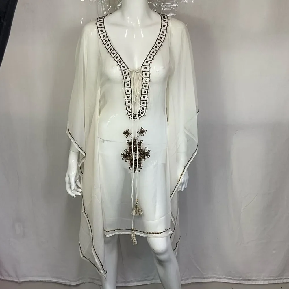 NEW Le Soleil Miami White Brown 100% Silk Tassel Front Tunic Dress Size S/M